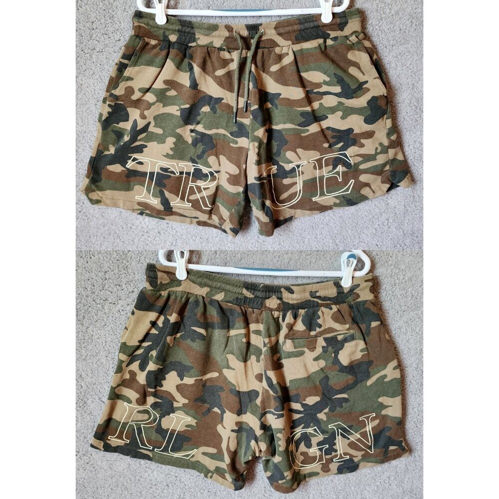 True Religion Camo Spellout Drawstring Basketball Knit Shorts Size XL 36 Waist